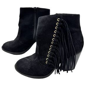 Soda Black Suede Fringe Ankle Booties Women’s Size 8 Western Boho Stacked Heel